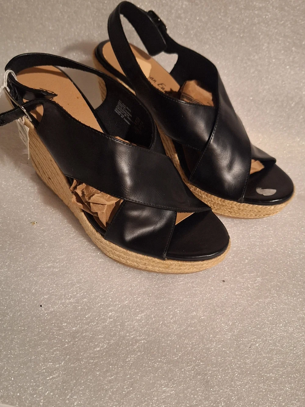 Women’s Black Leather Espadrille Wedge Sandals - Sleek Cross-Strap Design
